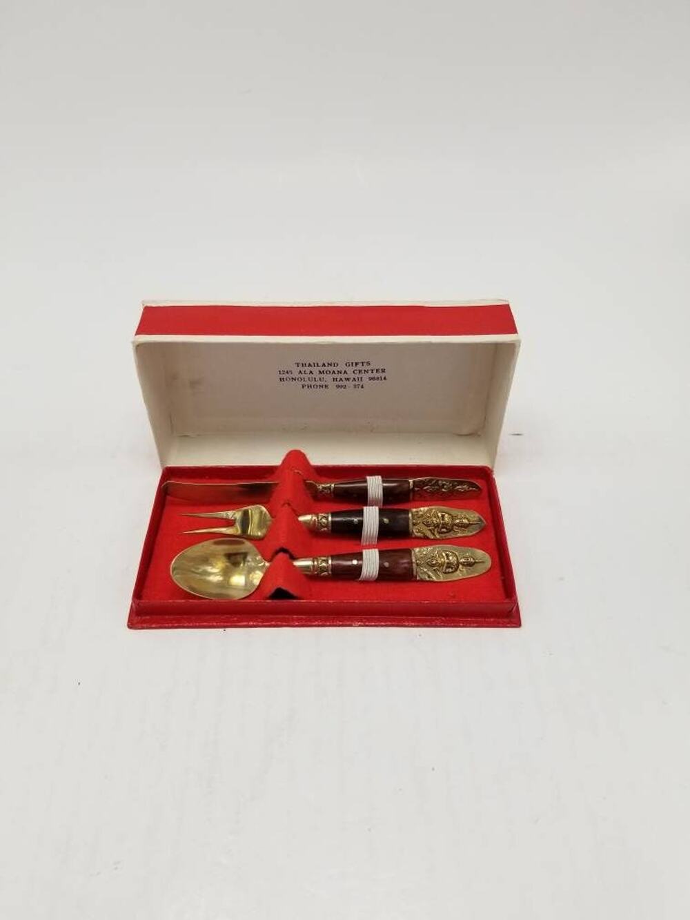 Vintage Thai Brass Rosewood Hors d'Oeuvre Set Mid Century Buddha Souvenir